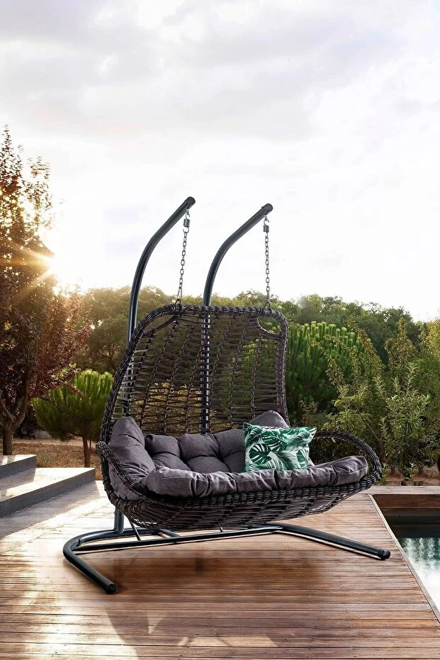 Komfor Çift Kişilik Rattan Salıncak Kahve Gri Oturum Komfor Çift Kişilik Rattan Salıncak Kahve Gri Oturum