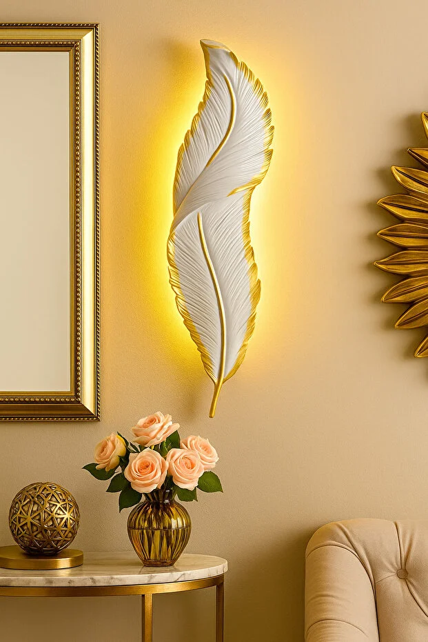 Tüy Aplik Led'li Pilli Dekoratif Duvar Dekoru 60x15 Ölçülerinde Tüy Aplik Led'li Pilli Dekoratif Duvar Dekoru 60x15 Ölçülerinde