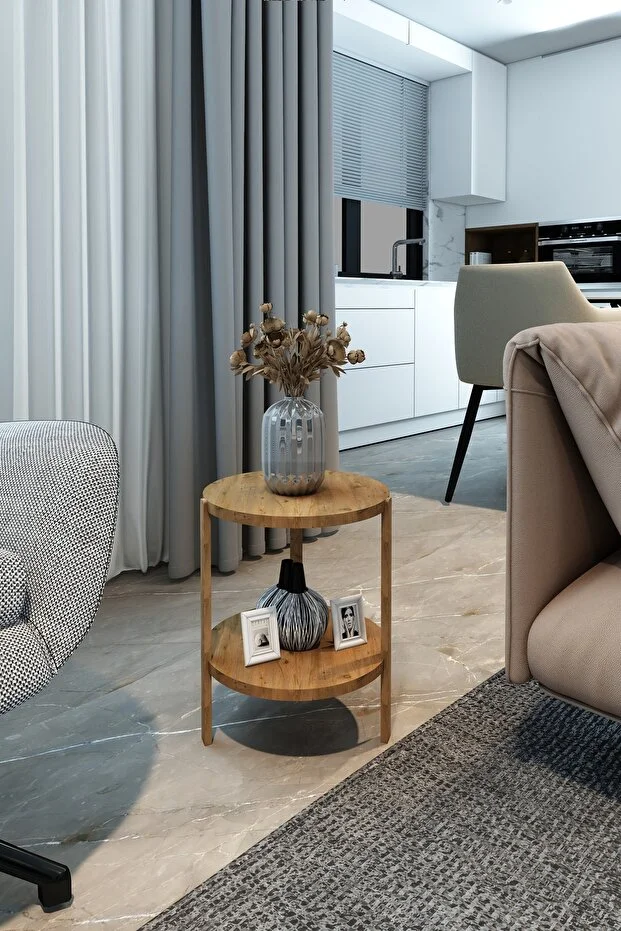 Miray Atlantik Çam 2 Katlı Yuvarlak Ahşap Çok Amaçlı Sehpa / Saksılık-Çiçeklik / Dekoratif Raf