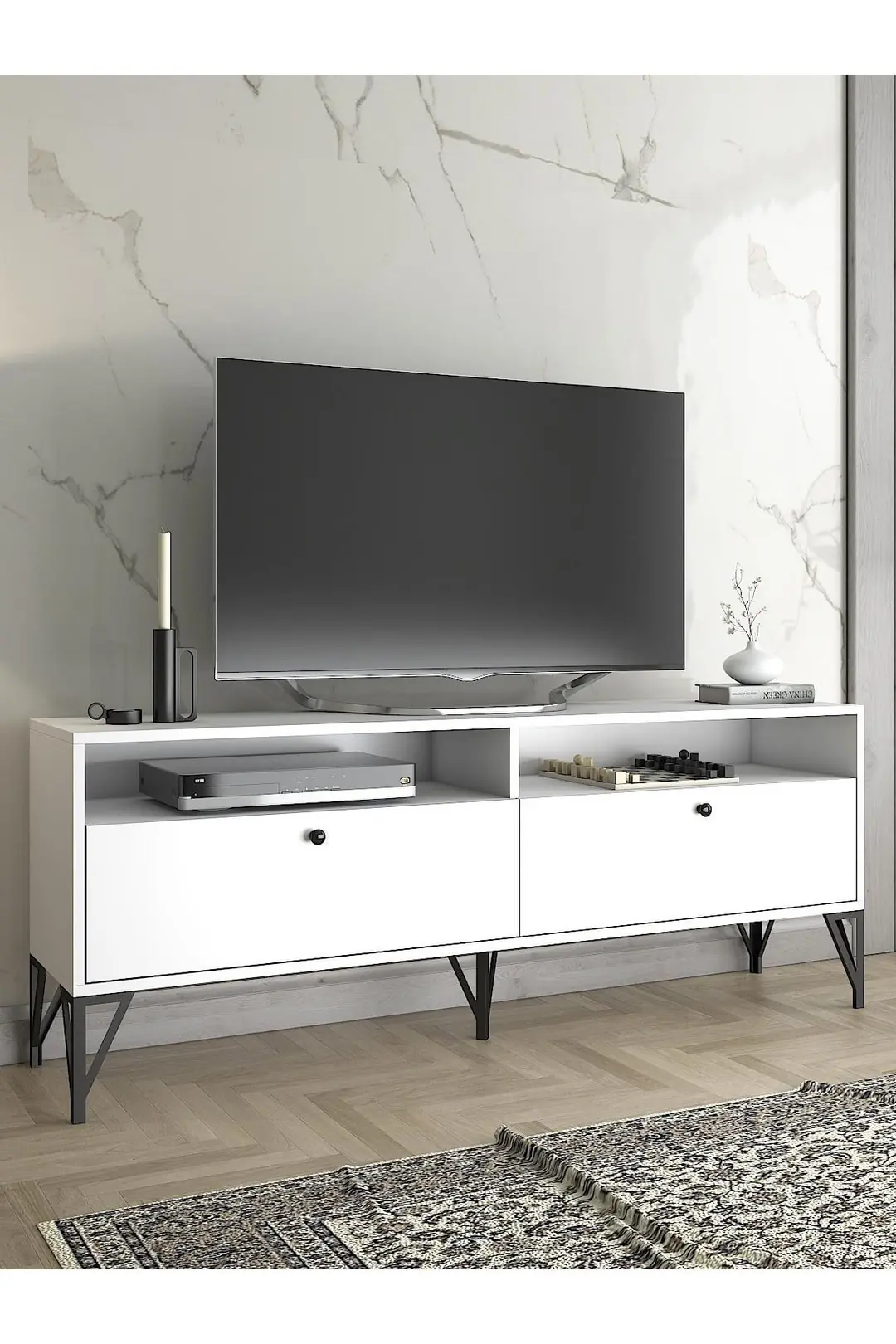 Astreo 160 Cm Metal Ayaklı Tv Ünitesi - Beyaz / Siyah