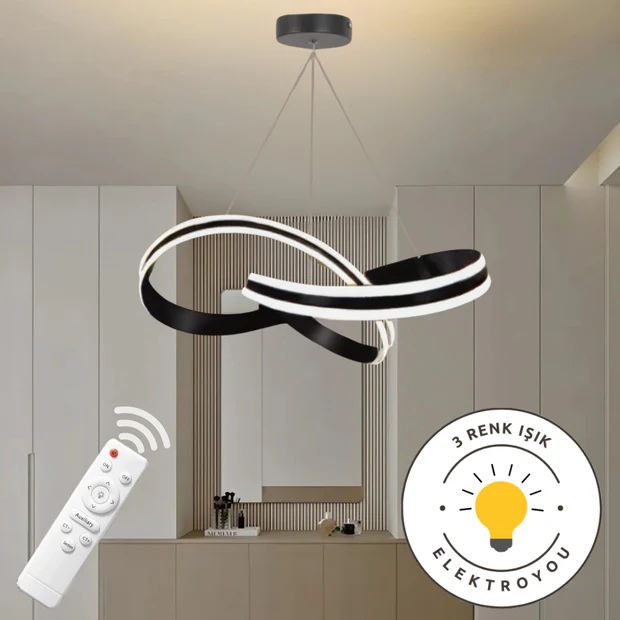 Astera Siyah Kumandalı 3 Renk Ledli Modern Özel Tasarım Sarkıt Led Avize