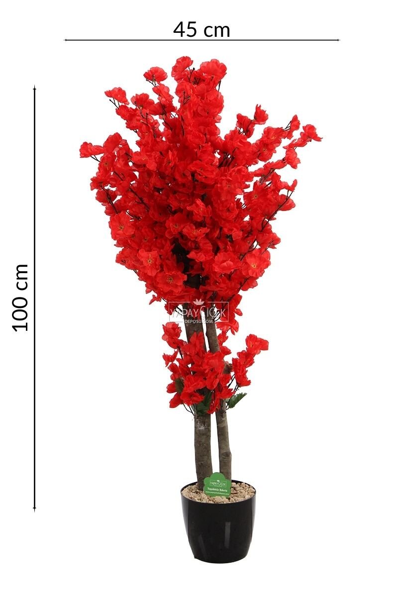 Saksıda Yapay 2 Gövdeli Bahar Dalı Ağacı 100 cm Kırmızı