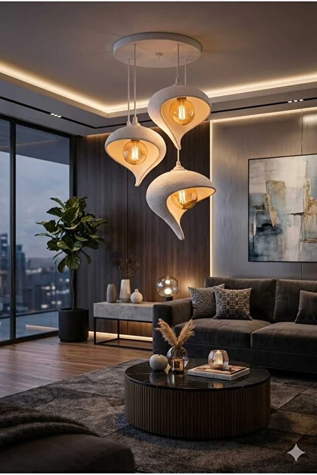 Modern 3’lü Sarkıt Avize Salon Oturma Odası Dekoratif Damla Rustik Bohem Avize E27 (ampul Hediye)