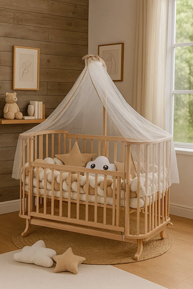 Mabela Beşik Ahşap Kahverengi Krem Örgü Koruma Set Ile Mabela Beşik Ahşap Kahverengi Krem Örgü Koruma Set Ile