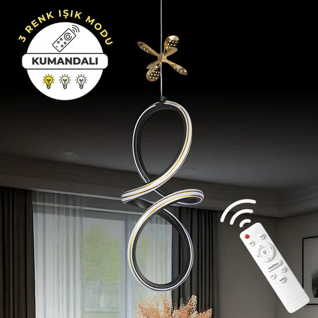Badem Siyah Gold Çizgili 3 Renk Kumandalı Dimmerli Kelebek Detaylı Sarkıt Led Avize