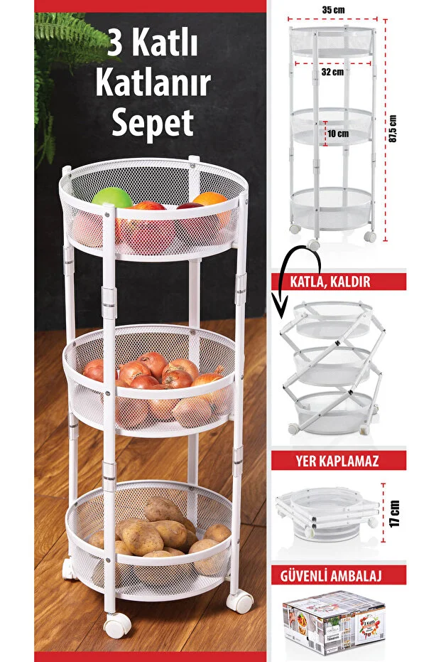 Cornella 3 Katlı Pratik Katlanır Metal Beyaz Renk Tekerlekli Sepet Patates Soğanlık - Çok Amaçlı Organizer Cornella 3 Katlı Pratik Katlanır Metal Beyaz Renk Tekerlekli Sepet Patates Soğanlık - Çok Amaçlı Organizer