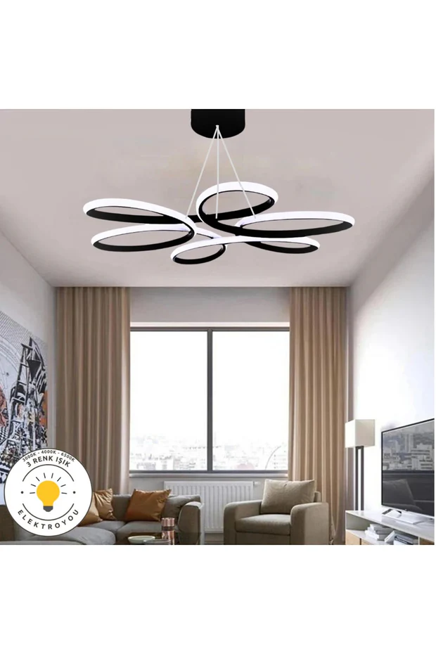 Nipul Siyah Sarkıt Modern Kumandalı 3 Renk Ledli Avize