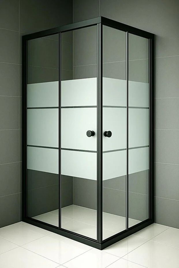 Kare Siyah Profil Kumlama Box Desen Temperli Cam Duşakabin