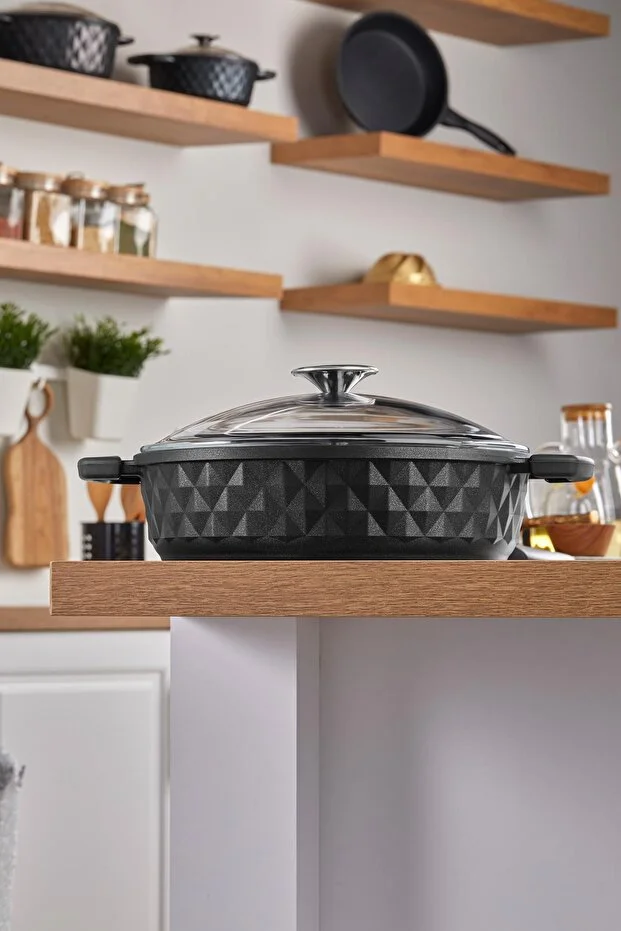 Bella Cam Kapak Döküm Basık Tencere 24 Cm Siyah