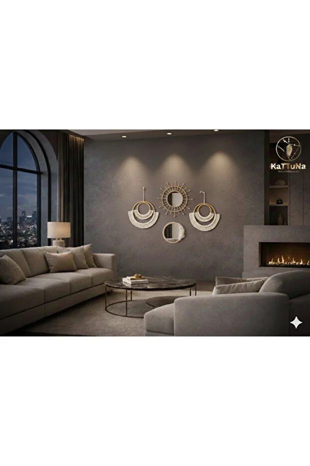 Makrome Bambu Ve Ahşap Ayna Duvar Dekorasyon Ürünü 4’lü Set