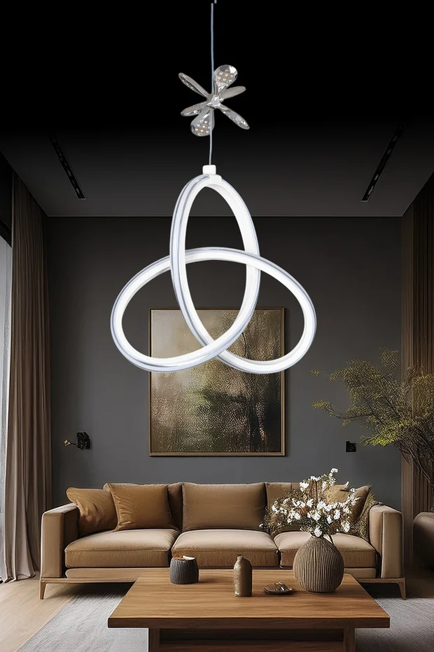 Yonca Beyaz Özel Tasarım Krom Çizgili Krom Kelebek Dekor Detaylı Sarkık Beyaz Ledli Avize