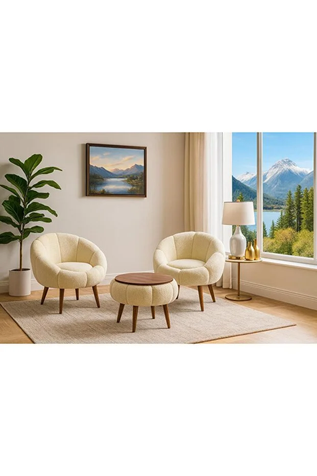 LİDA Krem Wellsoft Peluş Kumaş İkili Berjer Seti ÖZEL SEHPALI 