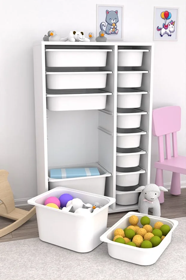 Rine 14 Sepetli Çok Amaçlı Oyuncak Dolabı Beyaz
