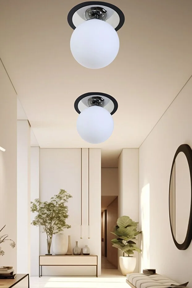 Alora Siyah Krom Beyaz Camlı Plafonyer Avize