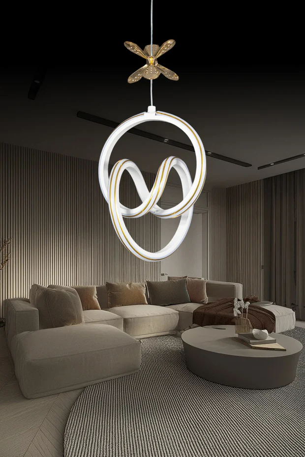 Yaren Beyaz Kumandalı 3 Renk LED Gold Çizgili Gold Kelebek Dekorlu Sarkıt Avize