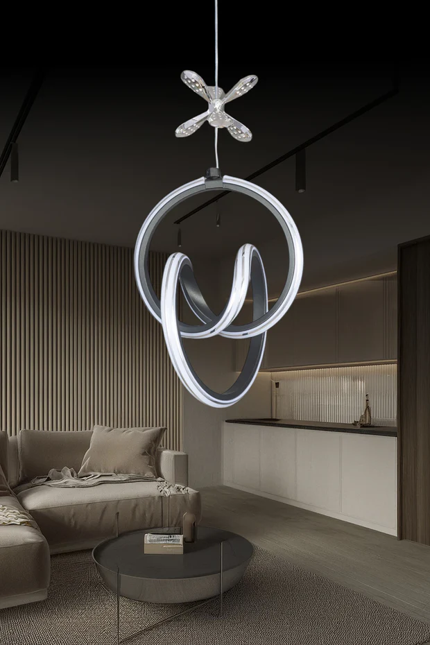 Yaren Siyah Kumandalı 3 Renk LED Krom Çizgili Kelebek Dekorlu Sarkık Dimmerli Avize