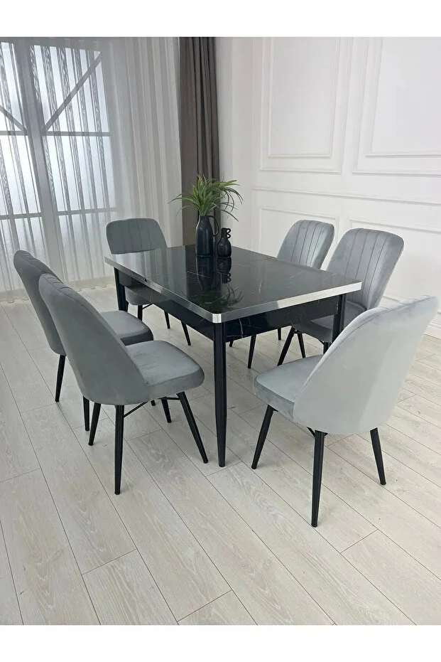 6 Kişilik Açılabilir Yemek Masası Takımı 6 Sandalyeli Siyah Mermer Desenli MDF Yemek Masası Takımı 6 Kişilik Açılabilir Yemek Masası Takımı 6 Sandalyeli Siyah Mermer Desenli MDF Yemek Masası Takımı
