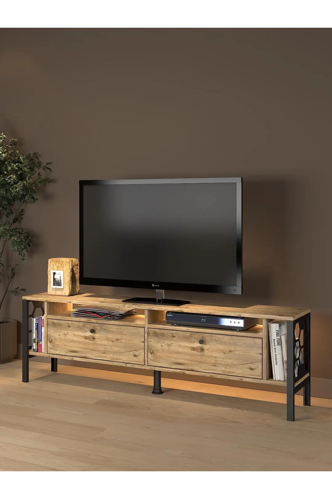 Roma Led Işıklı Özel Tasarım Metal Ayaklı Minifiksli Tv Ünitesi - Tv Sehpası 160 Cm