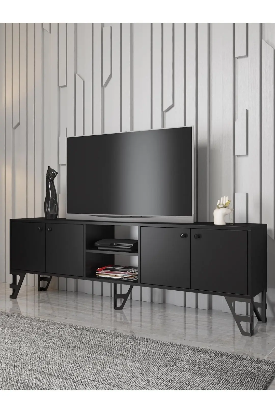 Sofia 180 Cm Metal Ayaklı Tv Ünitesi - Siyah / Siyah