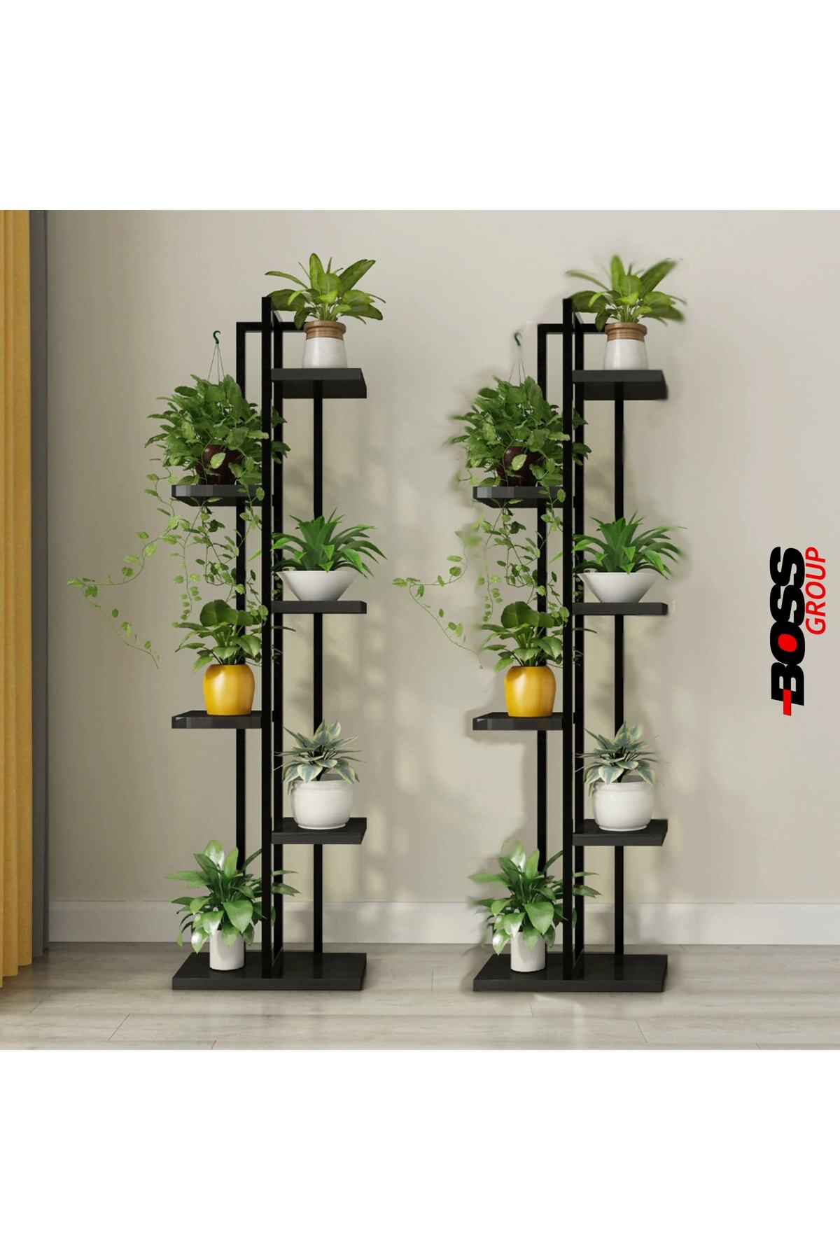 Çiçeklik 6 Bölmeli Raf Metal Çerçeveli Sağlam Modern Siyah Çiçeklik Saksı Düzenleyici Raf Stant