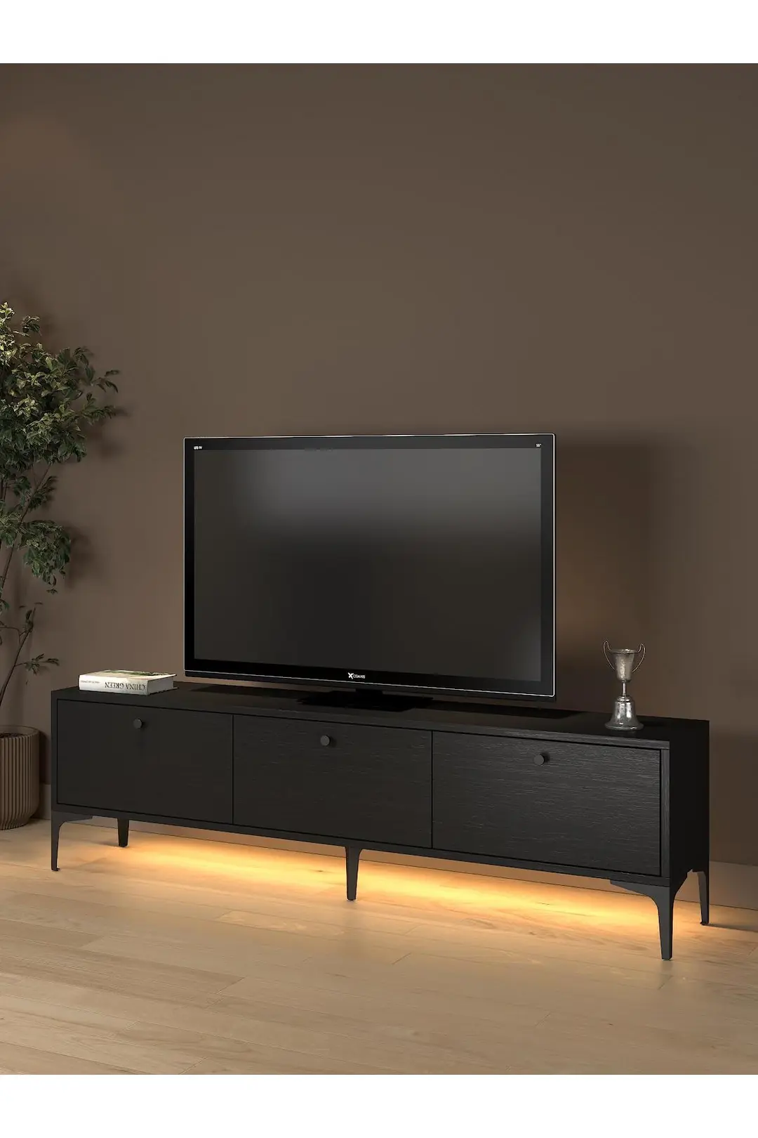 Paris Led Işıklı Dolaplı Minifiksli 160 Cm Tv Ünitesi - Tv Sehpası - Wood Siyah
