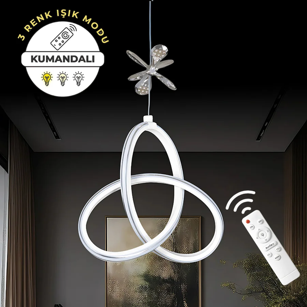 Yonca Beyaz Kumandalı 3 Renk Dimmerli LED Krom Çizgili Krom Kelebek Detaylı Sarkıt Avize
