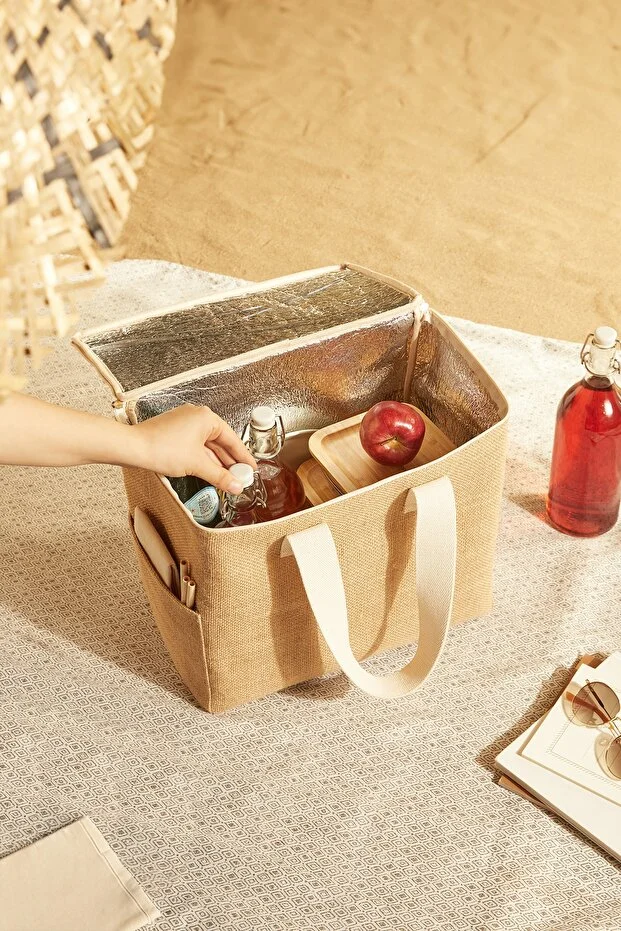 Büyük Boy Jüt Buzluk Termal Piknik Kamp Seyahat Plaj Soğuk Tutan Çanta 35x20x33