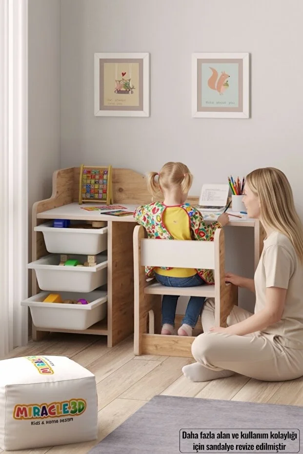Çocuk Oyun Aktivite Masası 90x45 Cm 3 Sepetli Çocuk Çalışma Masası Sırt Dayamalı Sandalye