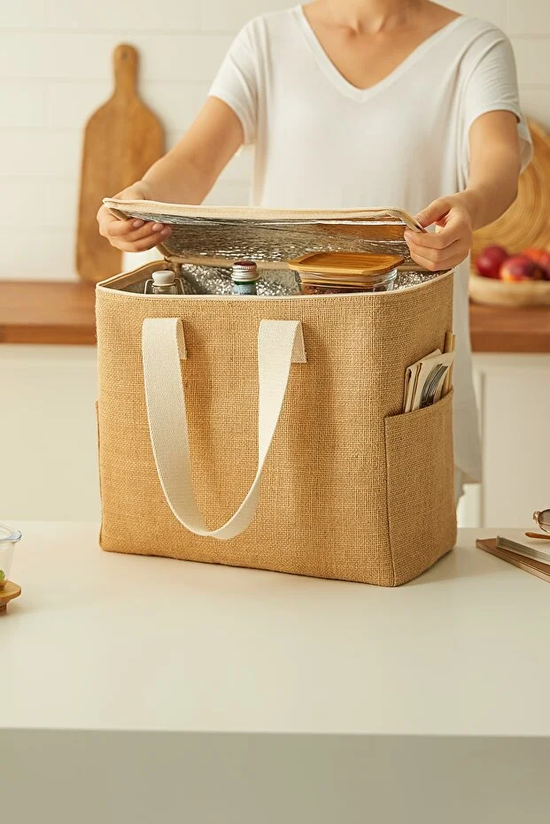 Büyük Boy Jüt Buzluk Termal Piknik Kamp Seyahat Plaj Soğuk Tutan Çanta 35x20x33