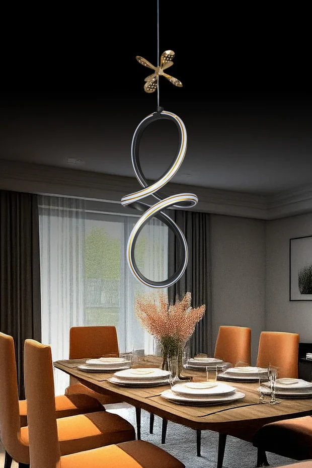 Badem Siyah Gold Çizgili 3 Renk Kumandalı Dimmerli Kelebek Detaylı Sarkıt Led Avize