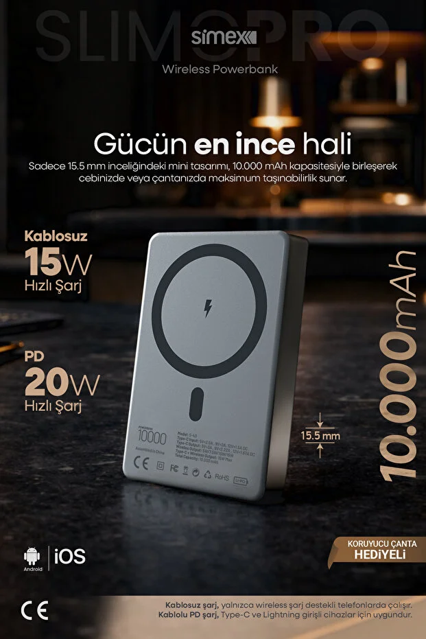 Simex Slim Magsafe Powerbank 10000 mAh - 20W PD Hızlı Şarj Taşınabilir Batarya