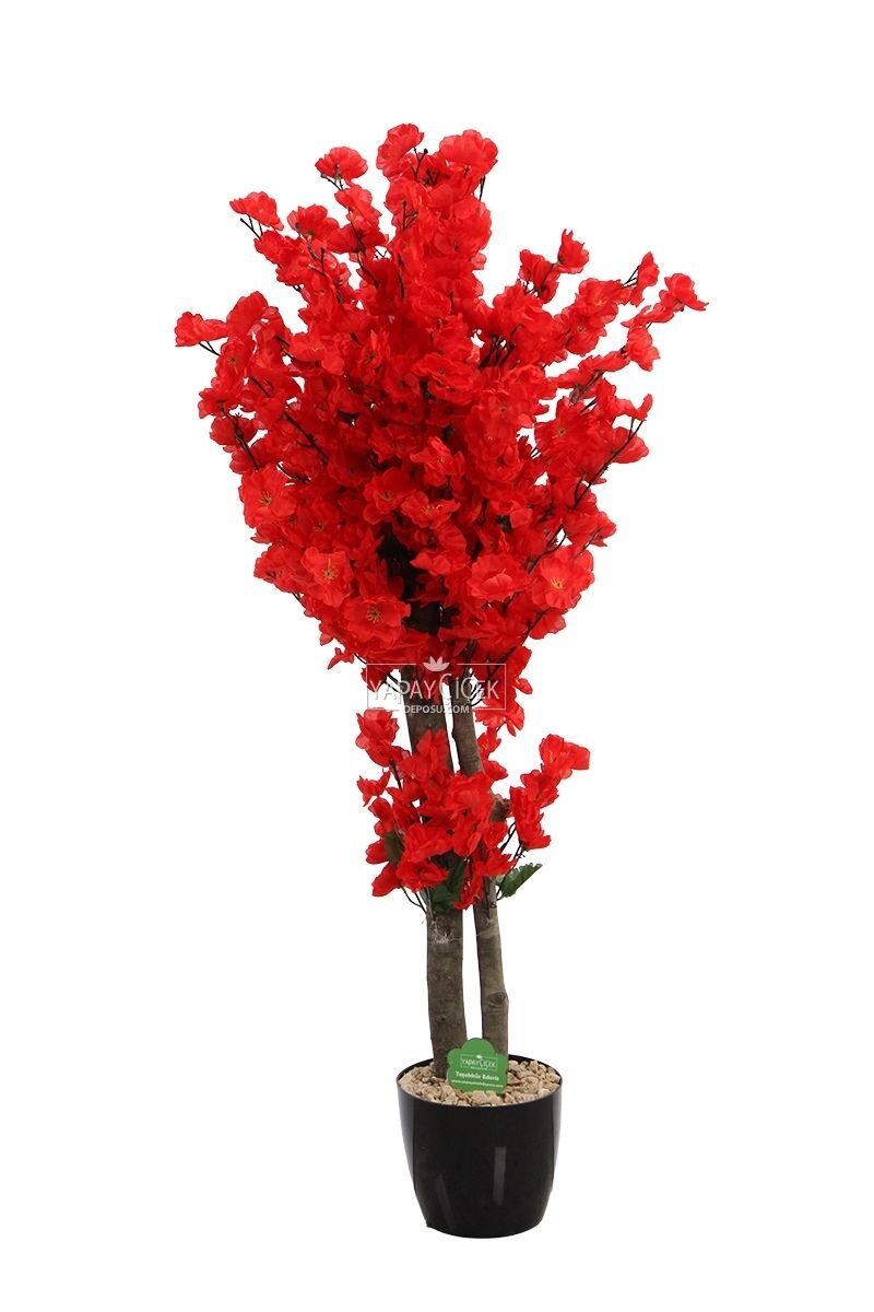 Saksıda Yapay 2 Gövdeli Bahar Dalı Ağacı 100 cm Kırmızı