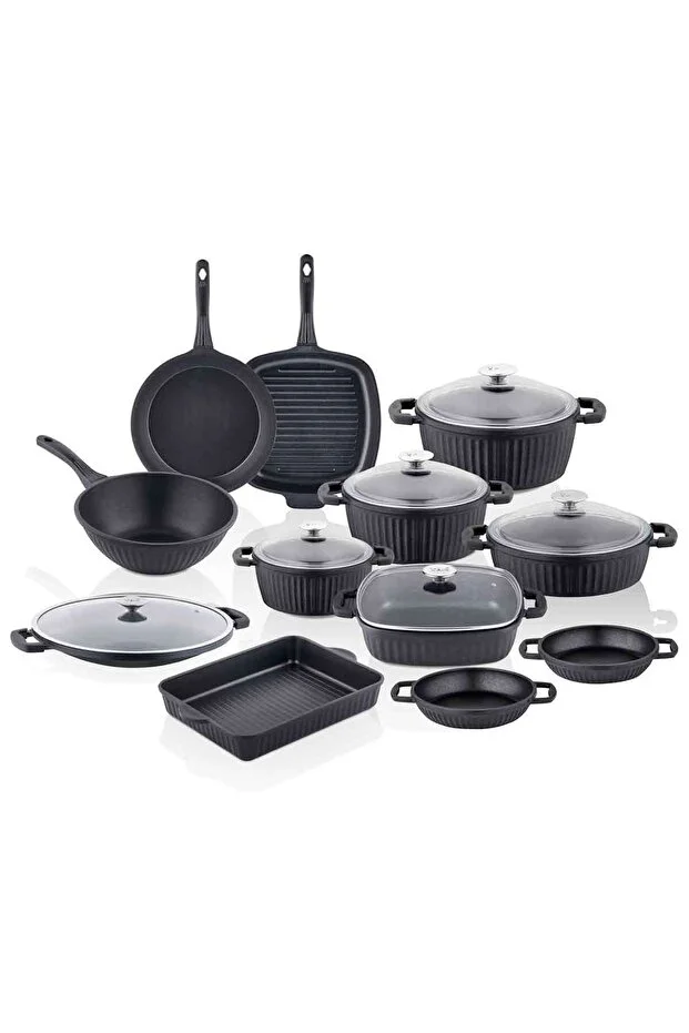 Valeriya Döküm Cam Kapak 18 Parça Çeyiz Seti Siyah Valeriya Döküm Cam Kapak 18 Parça Çeyiz Seti Siyah