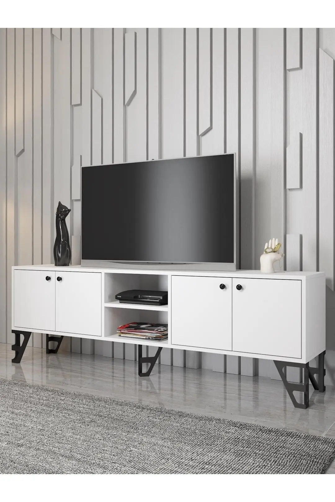 Sofia 180 Cm Metal Ayaklı Tv Ünitesi - Beyaz / Siyah