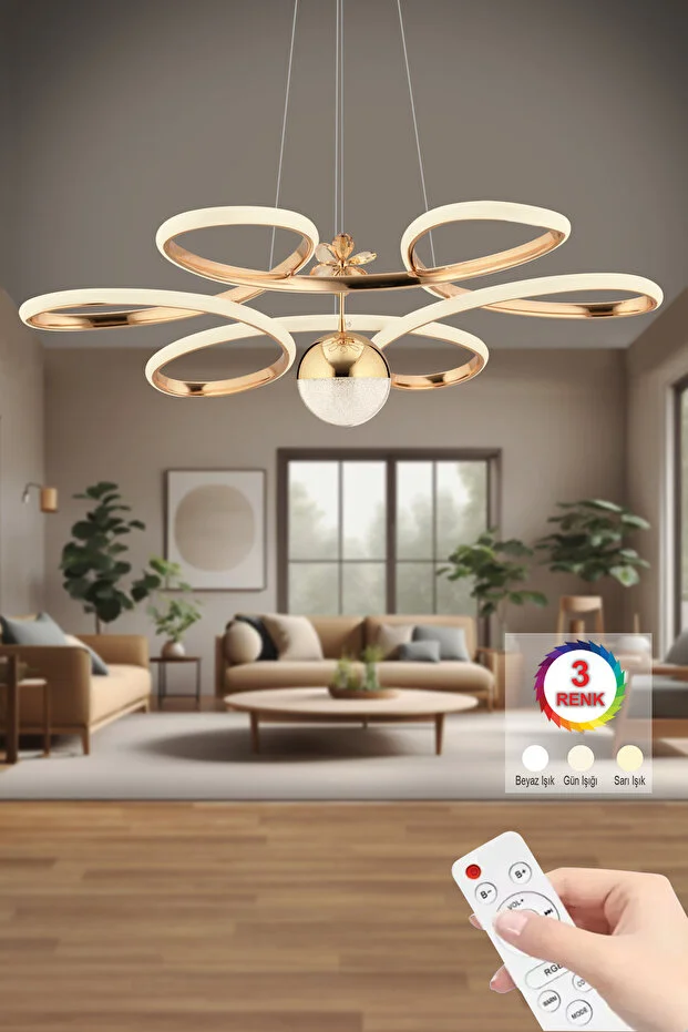 Papatya Kumandalı Gold 3 Renk Ledli Kumandalı Modern Led Avize