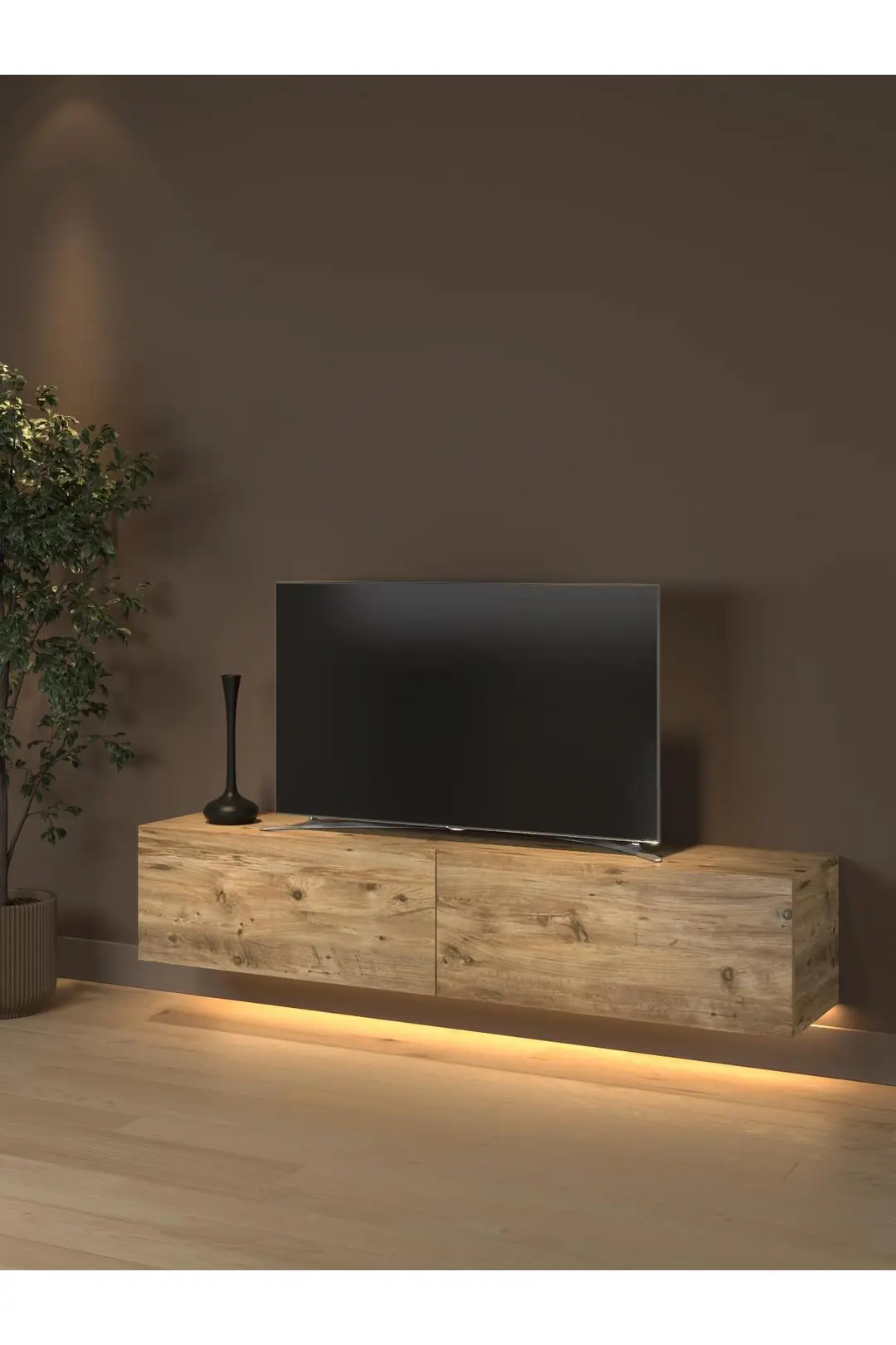 Rami Duvara Monte Led Işıklı, Dolaplı Tv Ünitesi - Tv Sehpası - Minifiksli - Atlantik Çam