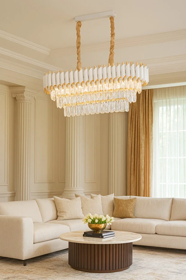 Palmira 75x35 Cm'lik 3 Katlı Prizma Kesim Kristal Taşlı Lüks Avize 6'lı - (Beyaz Gold)