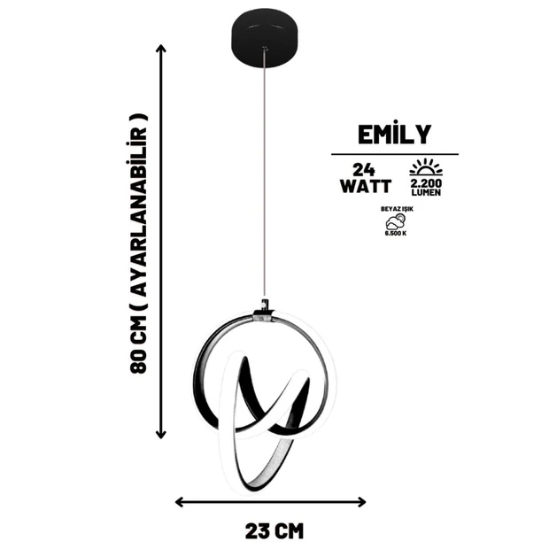 Emily Siyah Modern Sarkıt Led Avize Beyaz Işık Salon Mutfak Oda Hol Ledli Avize Emily Siyah Modern Sarkıt Led Avize Beyaz Işık Salon Mutfak Oda Hol Ledli Avize