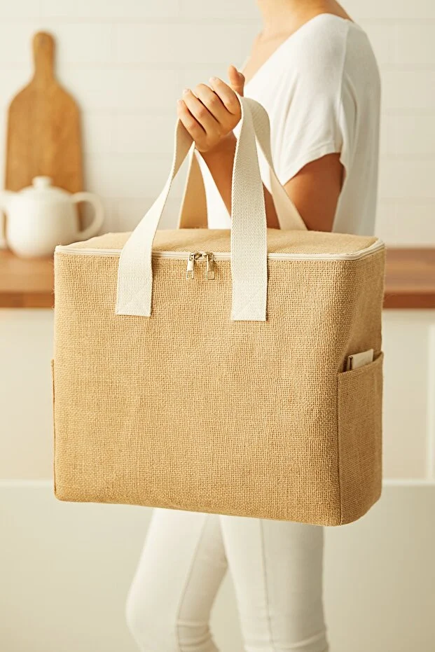 Büyük Boy Jüt Buzluk Termal Piknik Kamp Seyahat Plaj Soğuk Tutan Çanta 35x20x33