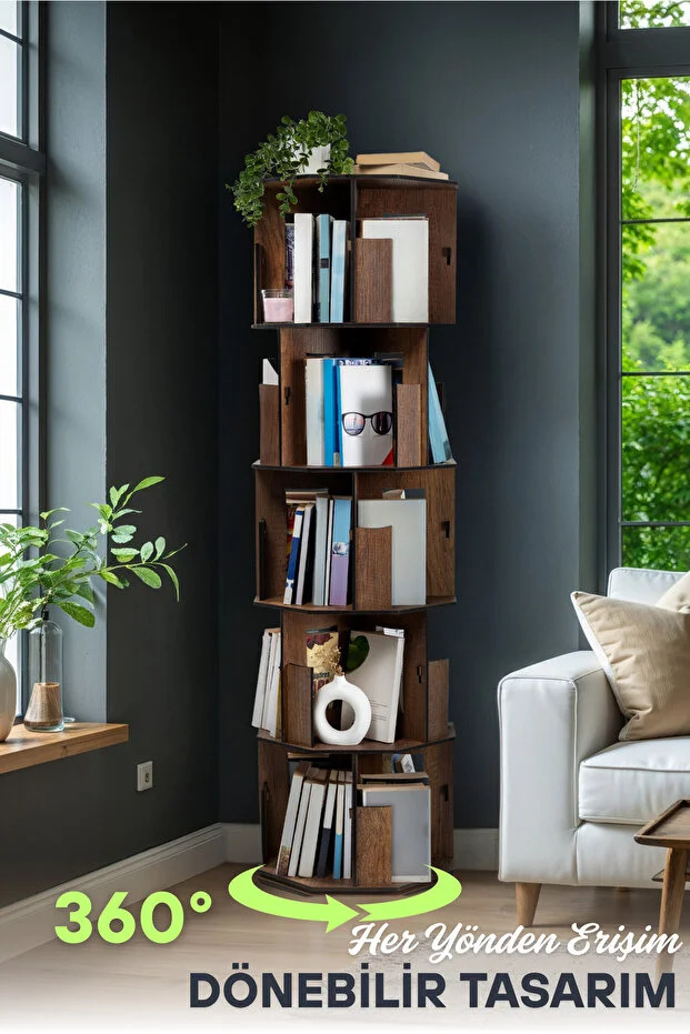 5 Katlı Döner Kitaplık | 360° Dönebilen, 100 Kitap Kapasiteli, Ceviz Renk 5 Katlı Döner Kitaplık | 360° Dönebilen, 100 Kitap Kapasiteli, Ceviz Renk