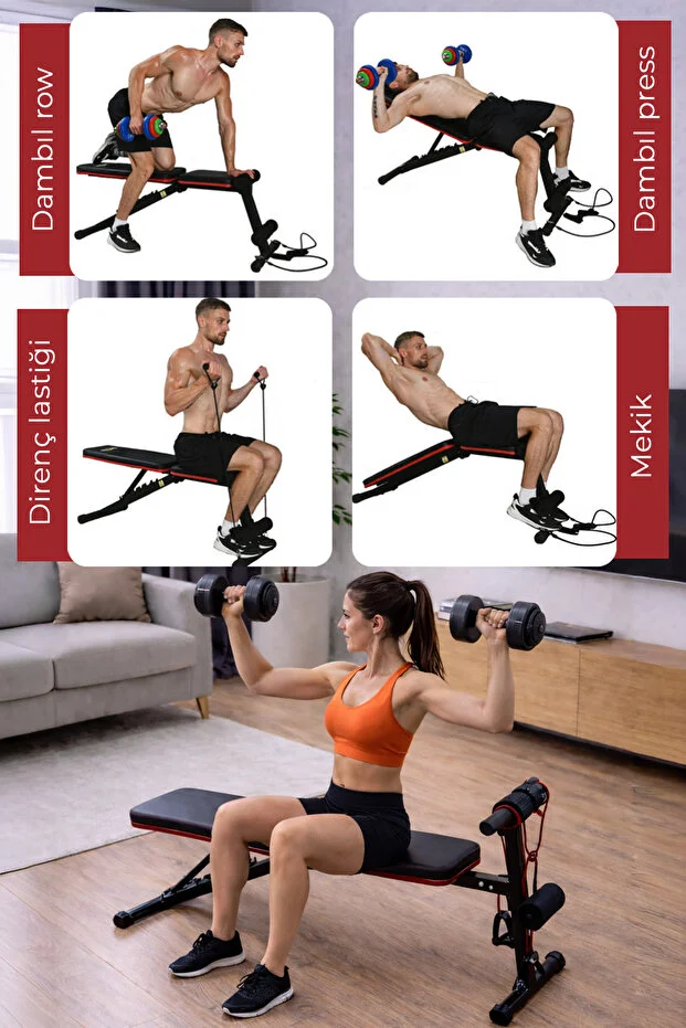 Ev Tipi Çok Fonksiyonlu Dambıl Bench Press ve Mekik Sehpası Antrenman Aleti Direnç Lastiği Hediye Ev Tipi Çok Fonksiyonlu Dambıl Bench Press ve Mekik Sehpası Antrenman Aleti Direnç Lastiği Hediye