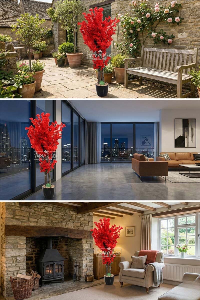 Saksıda Yapay 2 Gövdeli Bahar Dalı Ağacı 100 cm Kırmızı