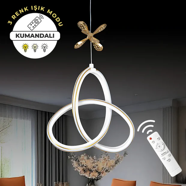 Yonca beyaz Kumandalı 3 Renk Dimmerli LED Gold Çizgili Gold Kelebek Detaylı Sarkıt Avize