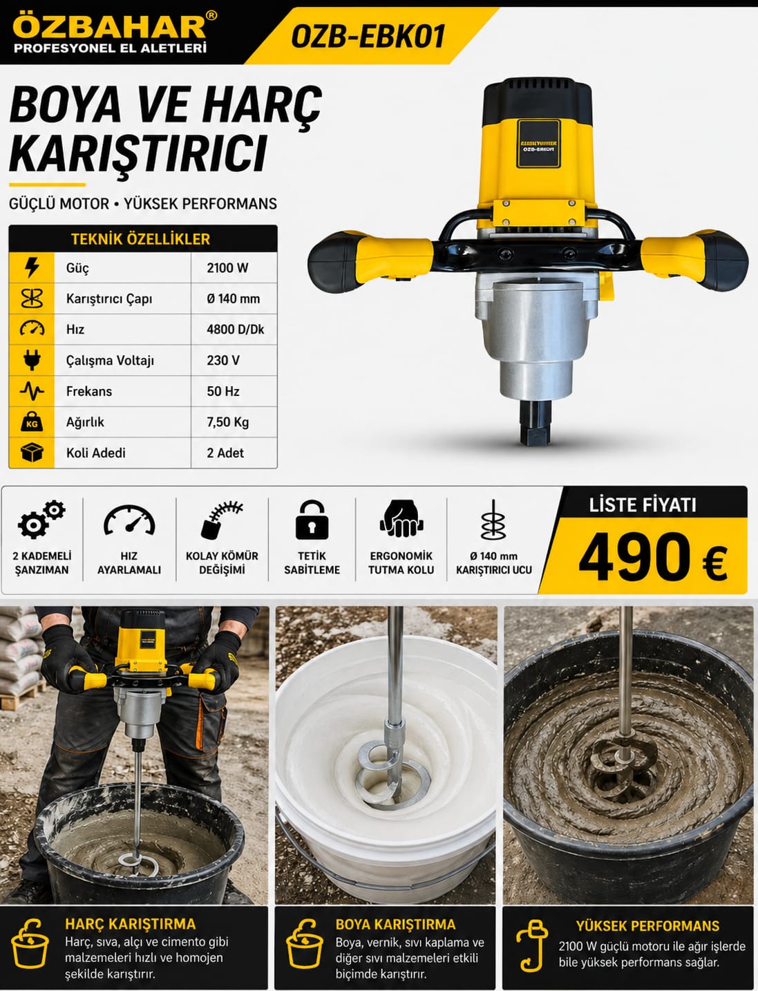 Özbahar OZB-EBK01 2100 W profesyonel boya ve harç karıştırıcı