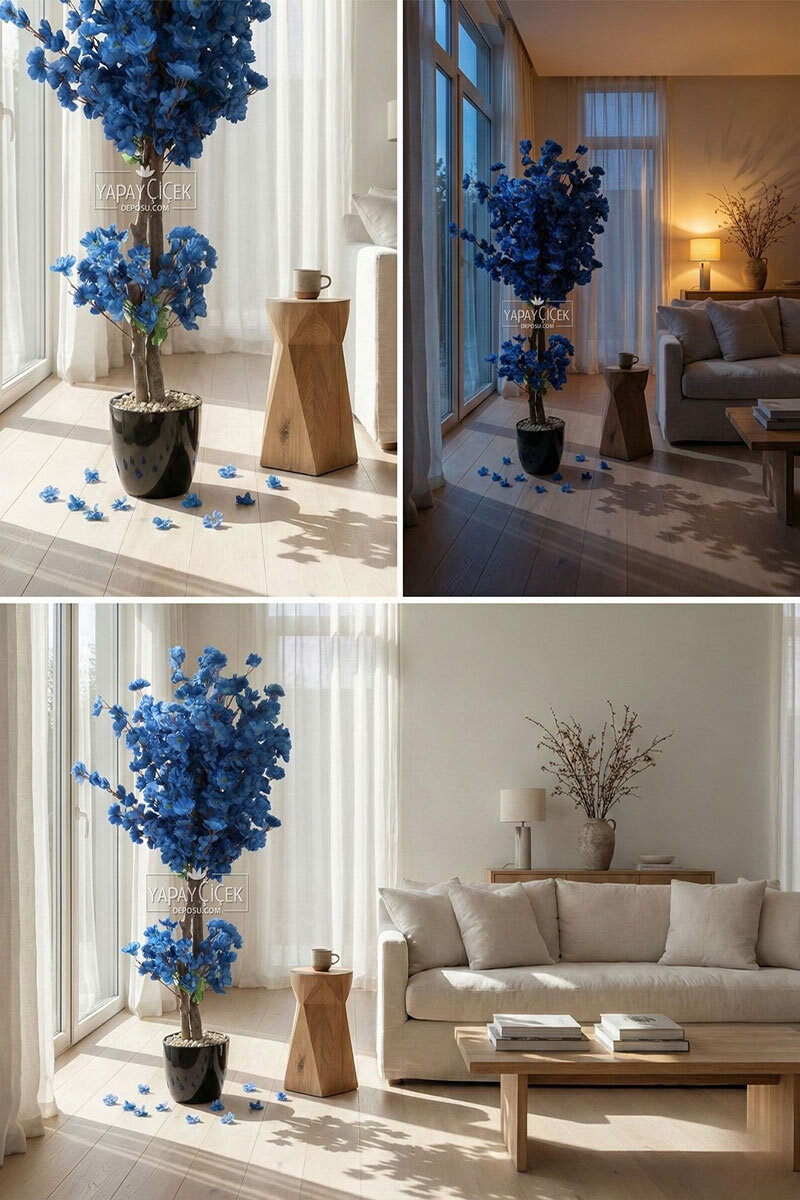 Saksıda Yapay 2 Gövdeli Bahar Dalı Ağacı 100 cm Lacivert