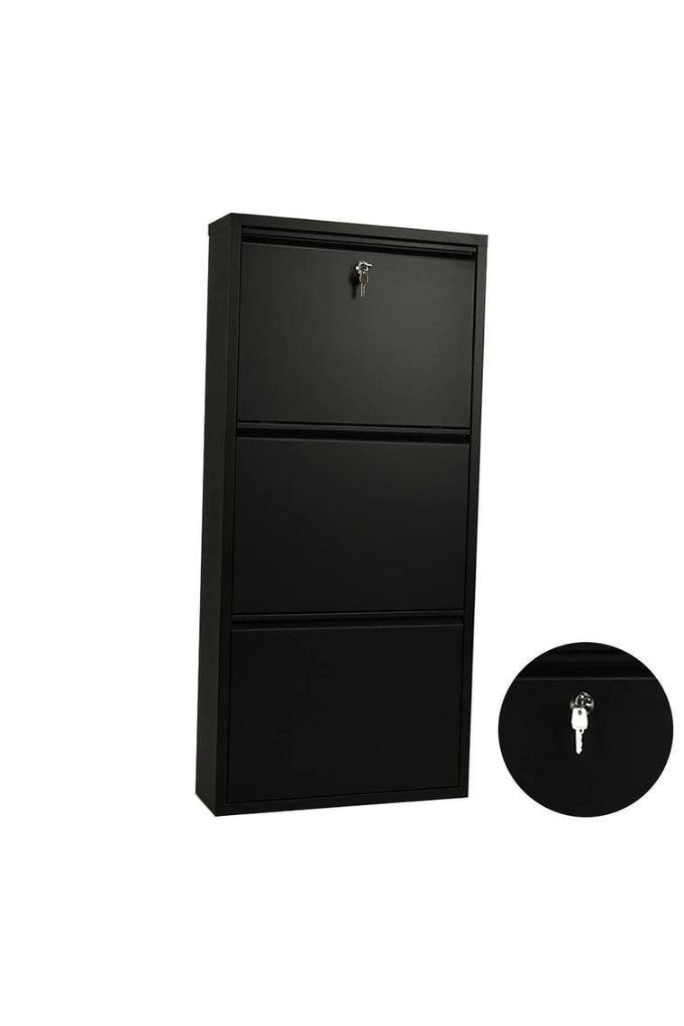 Kilitli 3'Lü Metal Ayakkabılık - Siyah 