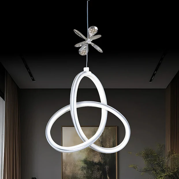 Yonca Beyaz Özel Tasarım Krom Çizgili Krom Kelebek Dekor Detaylı Sarkık Beyaz Ledli Avize