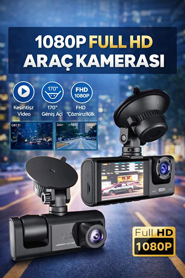 Full HD 1080P Araç İçi Kamera 170° Geniş Açı Gece Görüşlü Döngüsel Kayıt 3 Kanallı Dash Cam