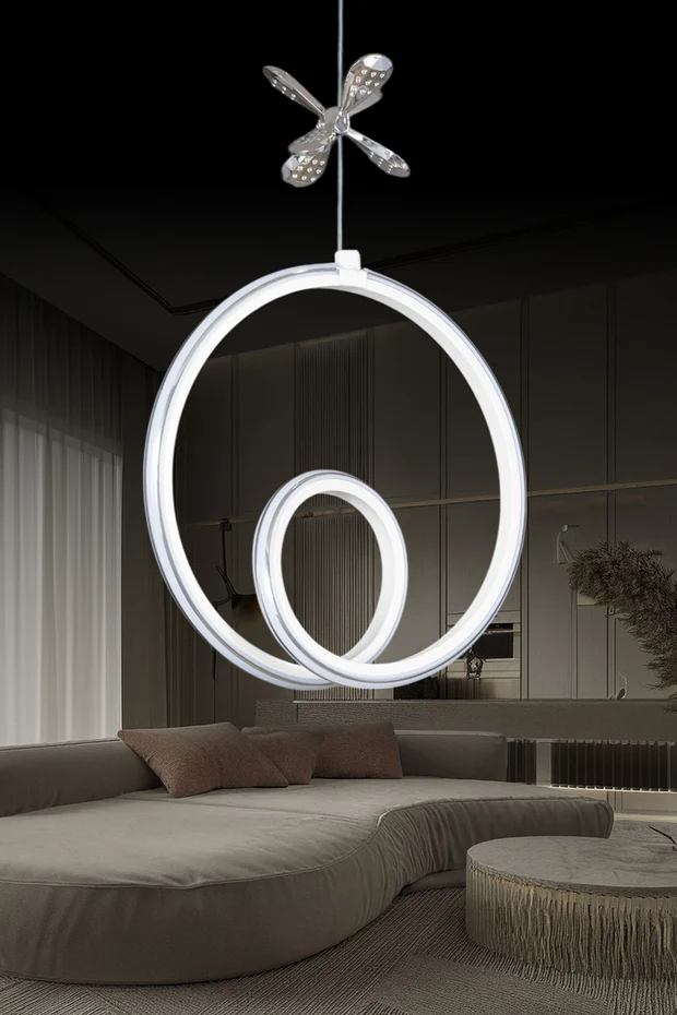 Yakamoz Beyaz Kumandalı 3 Renk Ledli Krom Çizgili Krom Kelebekli Sarkıt Özel Tasarım Avize