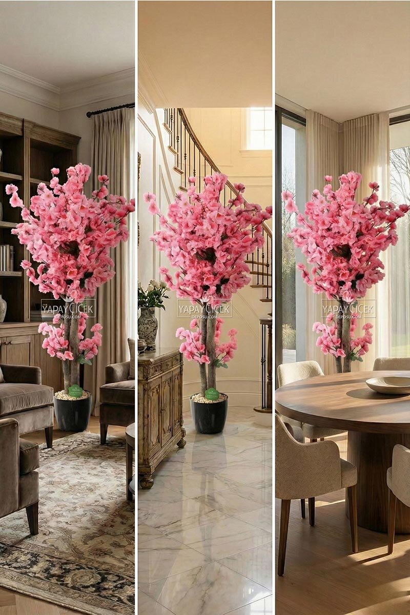 Saksıda Yapay 2 Gövdeli Bahar Dalı Ağacı 100 cm Pembe